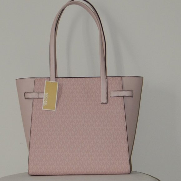 NWT $498 MICHAEL KORS CARMEN MK Monogram LARGE TZ DK PWDR BLSH Tote Shoulder BAG - Picture 4 of 11